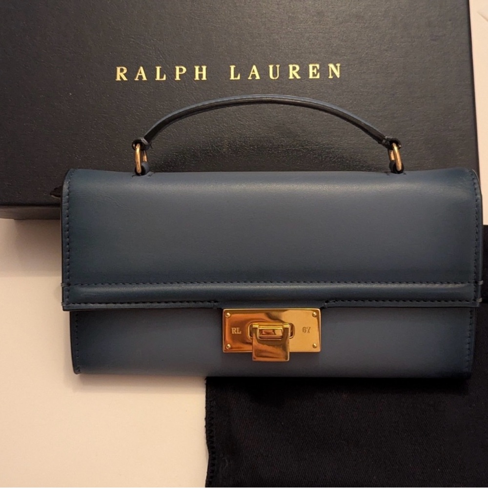 Ralph Lauren Blue Leather Wristlet Clutch with Gold Hardware - Picture 6 of 10